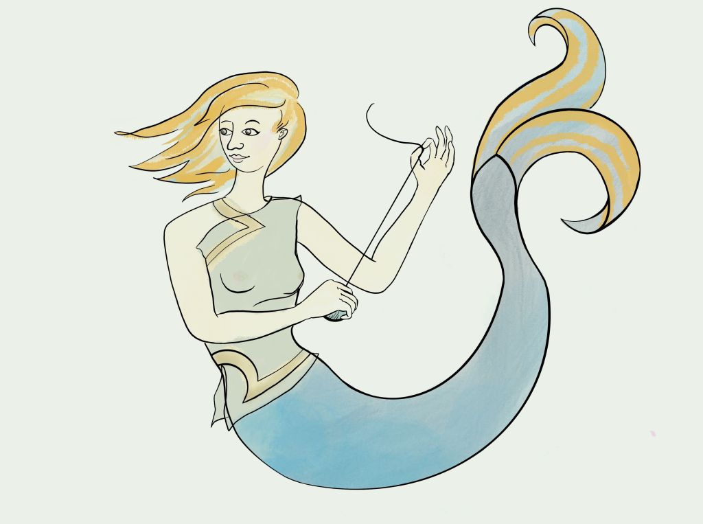 a mermaid with a ball of yarn, looking to the left. 