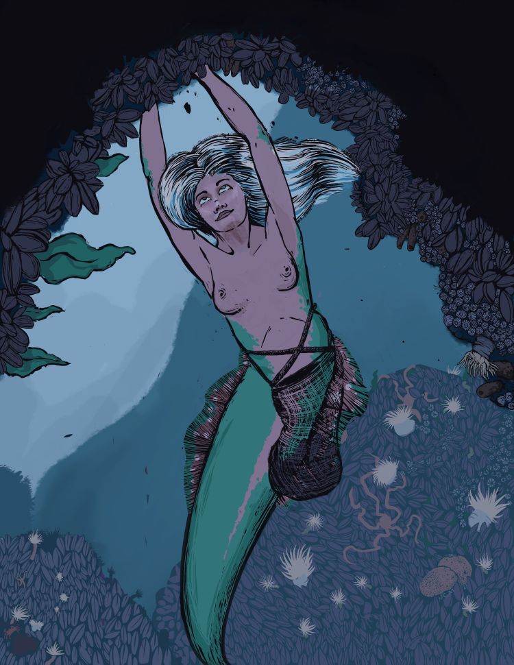 A hand drawn image of a mermaid harvesting mussels. She is completely underwater, with her arms overhear and her face tilted upwards as she pries the mussles from the rock above her. She is framed above by a dark cave that we appear to be looking out of, behind her is a landscape that fades to a milking blue in the distance. Due to the depth most red has been pulled out of the light, so it is hard to determine how pale her skin is, except where it is green. Her flukes are not visable, but there are frilled side fins from below her rib cage to what might be about mid-knee on a human. Th frils are the same skin color and green with white dots. Her hair is a pale whitish blue and flows to the right in an implied current. There are various forms of sea life on the rocks above and just behind her. The line quality is similar to a block or linoleum print.