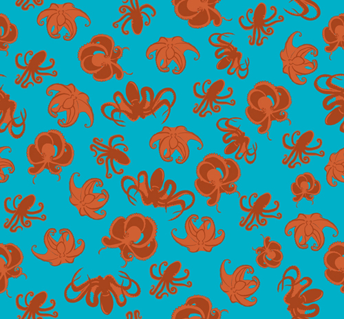 The name says it all: A series of illustrations of octopi/podes/puses in two shades of orange on a turquoise background