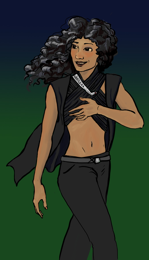 A medium skin toned woman with thick, black curly hair, sad eyes and a bright smile.