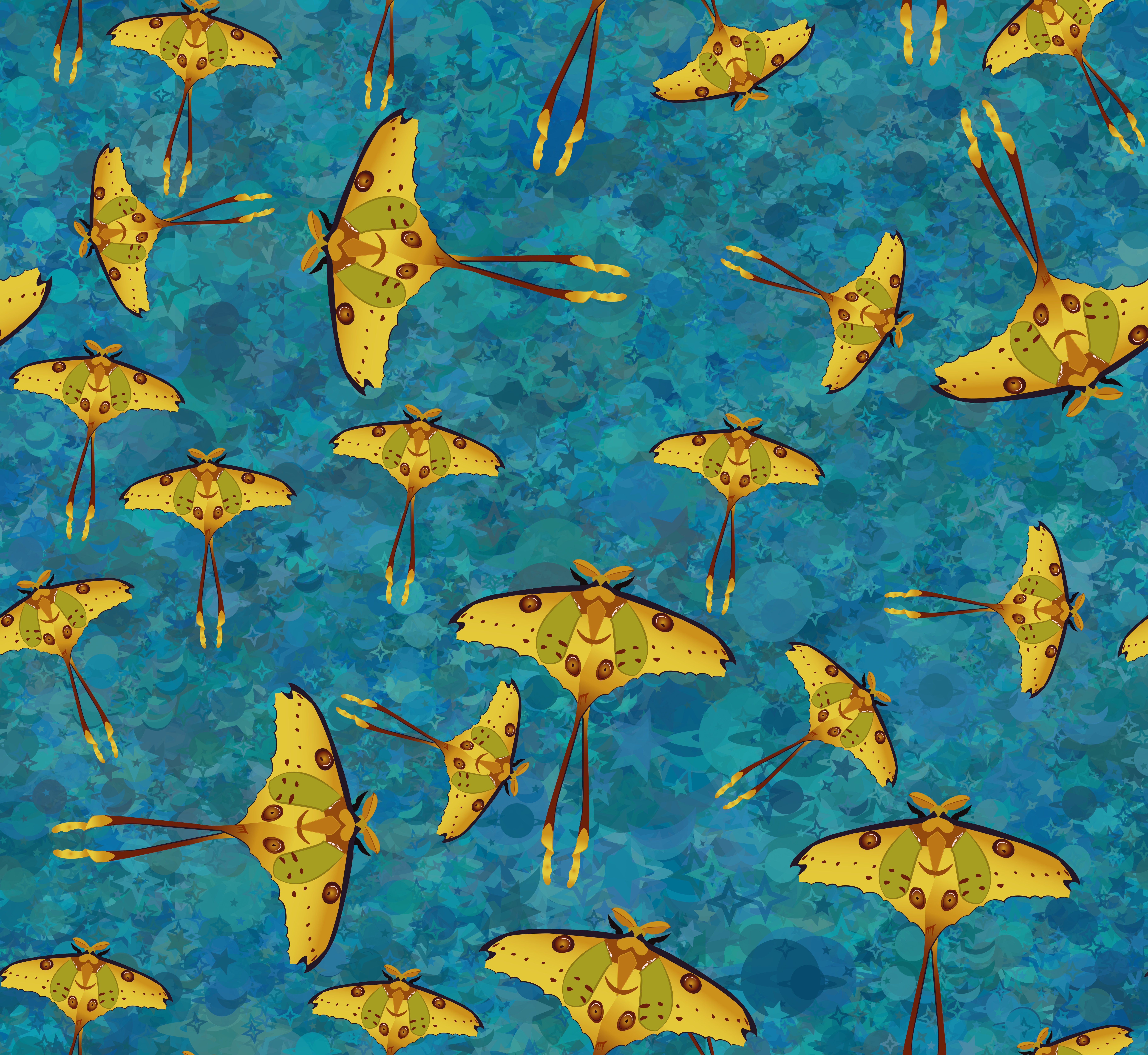Turquoisy blue and green stars form a soft and chaotic back ground, with bold yellow, brown, green, and gold lunar moths arranged in a repeating tossed pattern