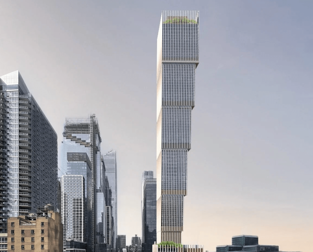 Picture of a building design over 100 stories tall, where the top is about twice the size of the base.